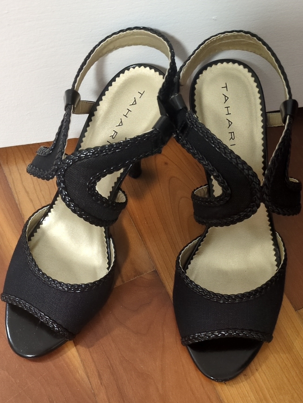 Tahari Black Braided Strap Heeled Sandals